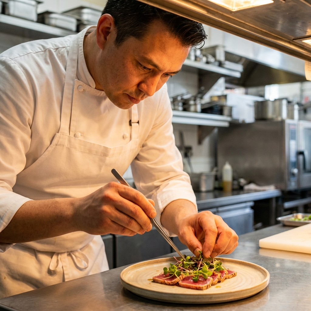 Chef profesional memasak tuna premium di dapur hotel